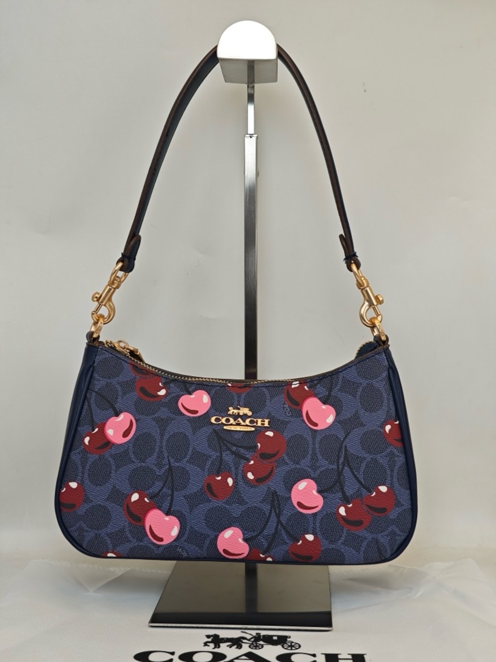 Coach Navy Cherry Print Shoulder Bag with Pink & Red Accents